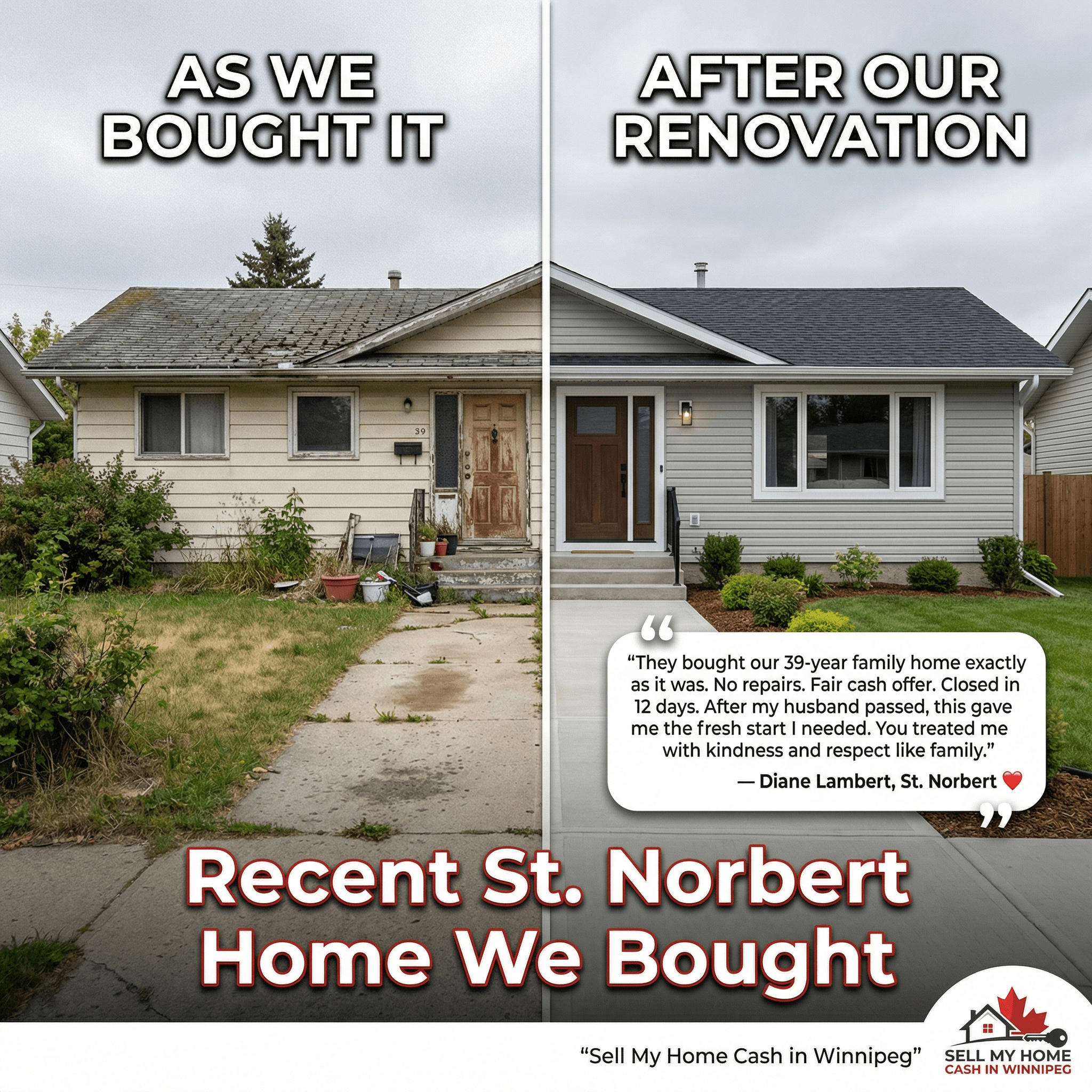 Before and after exterior renovation of a St. Norbert bungalow — aging exterior transformed into a refreshed modern home with new siding and driveway