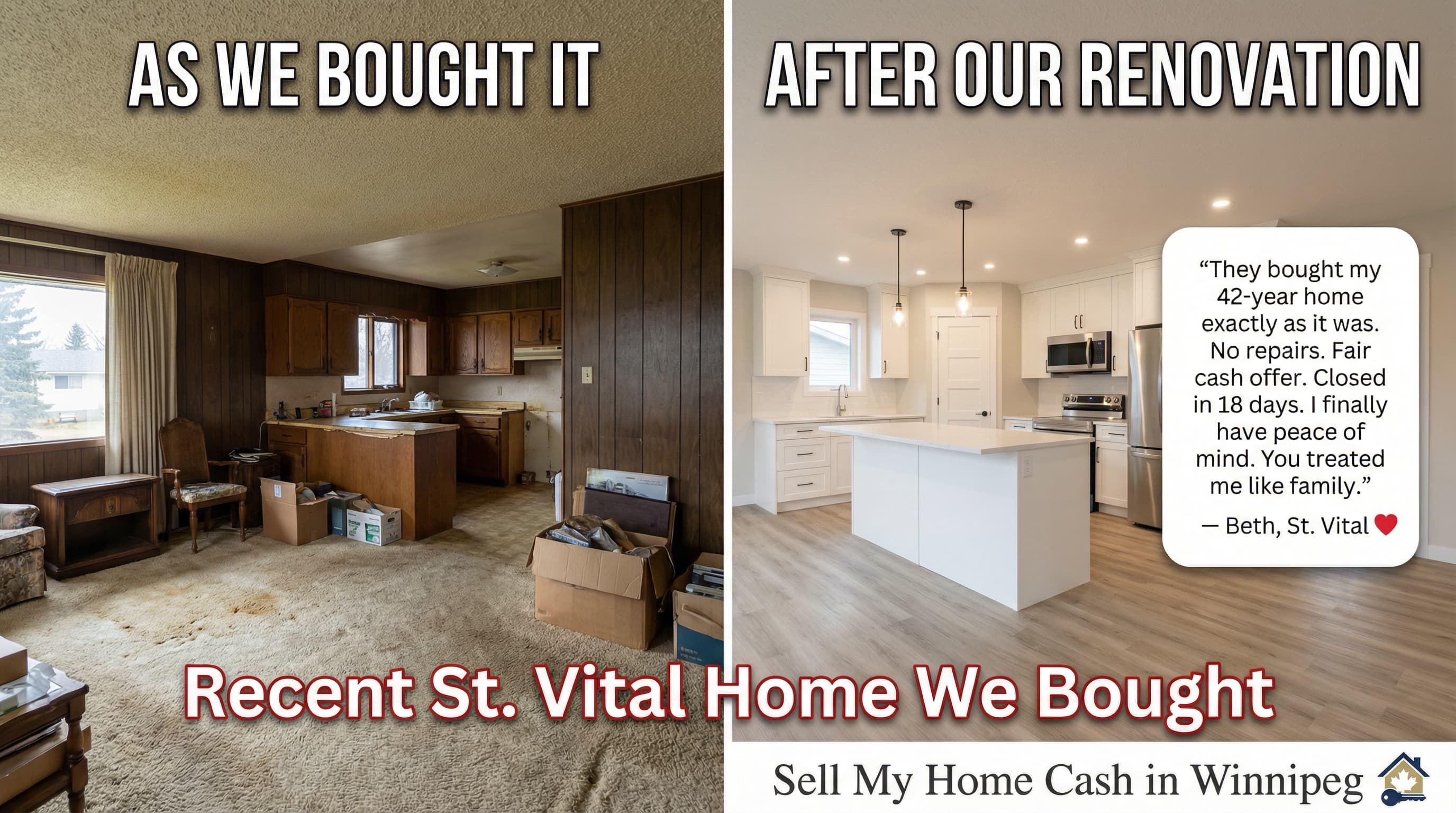 Before and after interior renovation of a St. Vital home — dark wood-paneled living room with clutter transformed into a bright modern open-concept kitchen