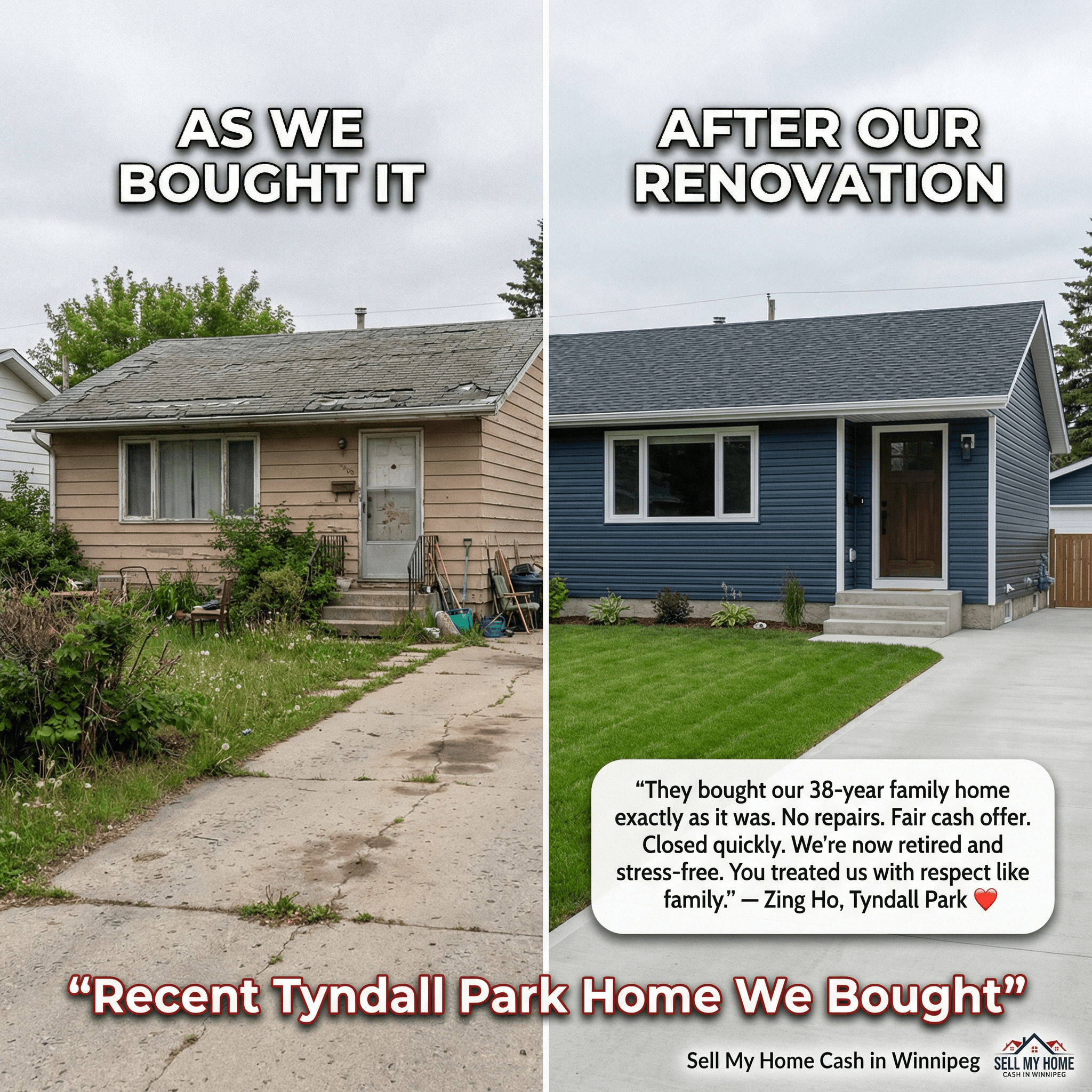 Before and after of a Tyndall Park home we purchased — worn exterior transformed into a beautiful modern bungalow